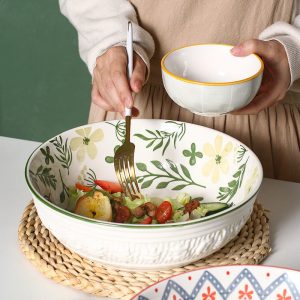 Ceramic Soup Bowl Hand Painted 10 Inches, Green